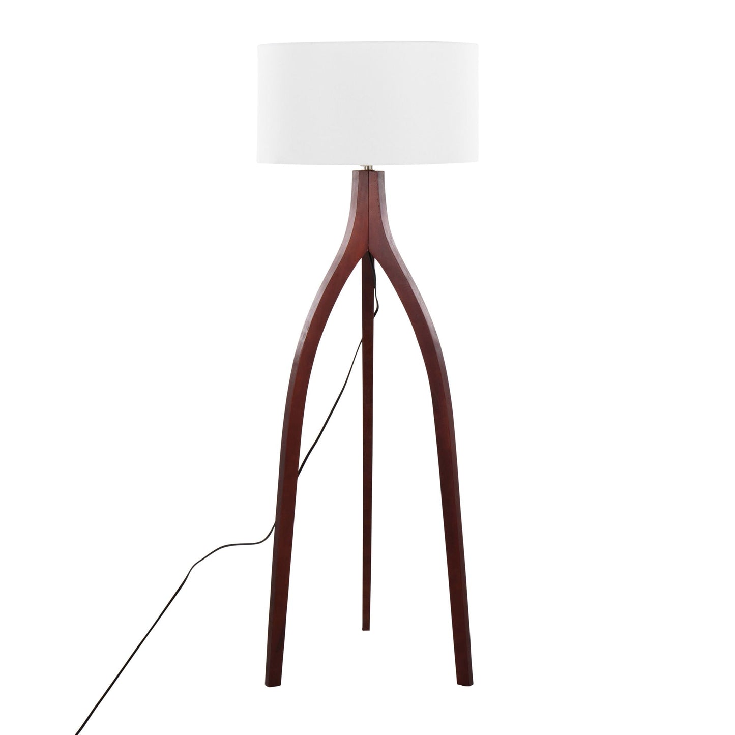 Wishbone contemporary floor lamp with white drum shade and dark wood tripod base on Tampa Home & Garden Store
