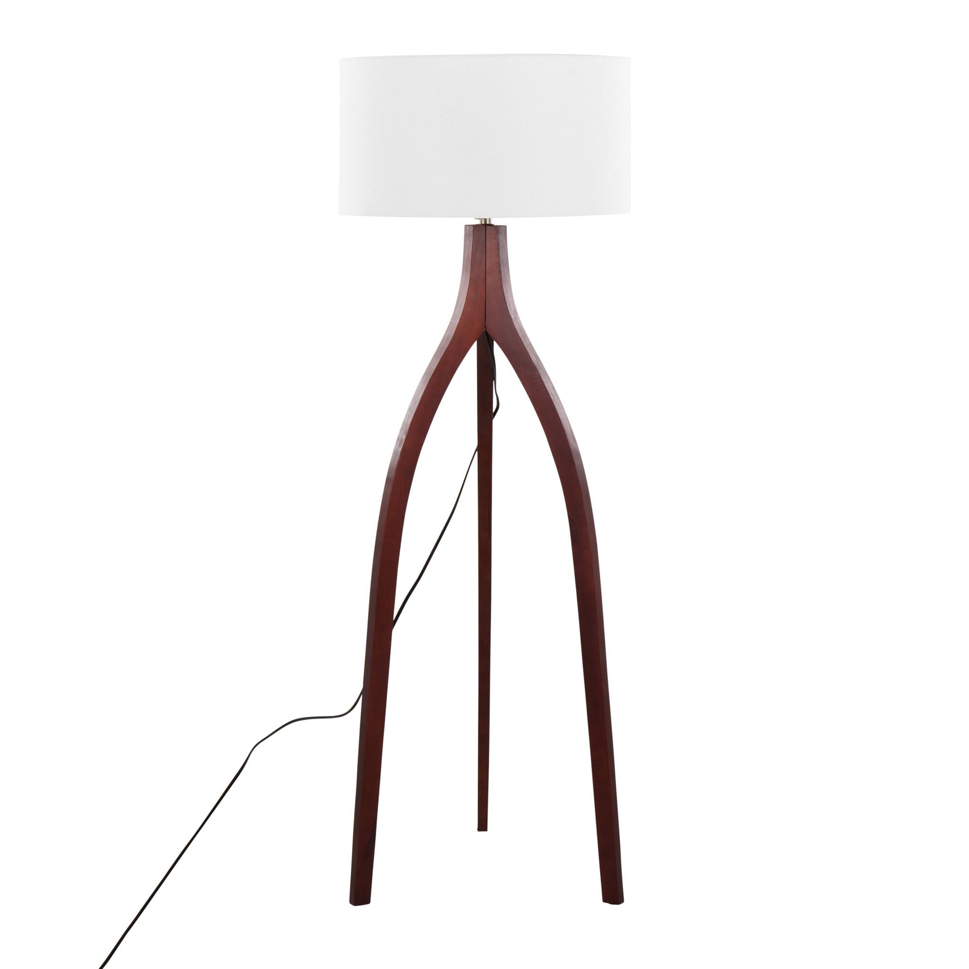 Wishbone contemporary floor lamp with white drum shade and dark wood tripod base on Tampa Home & Garden Store