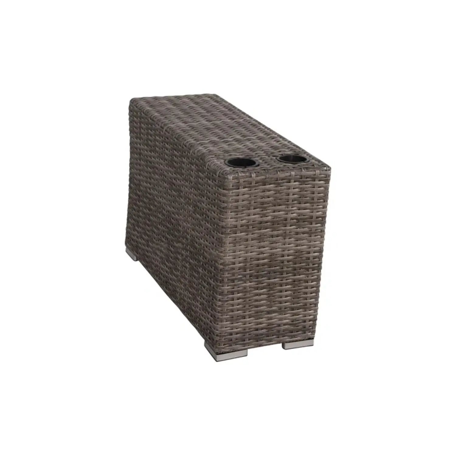 Brown wicker rattan end table with two cup holders and metal feet by Unique Piece Furniture on Tampa Home & Garden Store