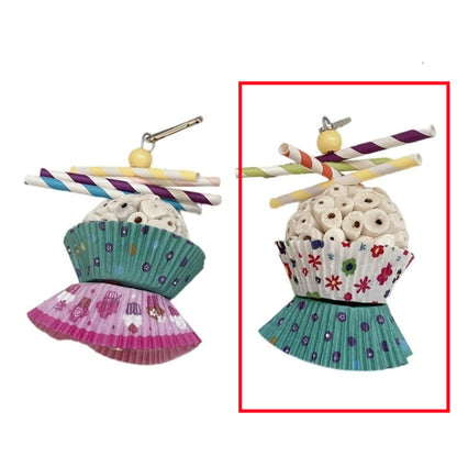 Parrot edible soft ball shredding toy for birds, two cupcake-wrapped chew items with colorful striped straw toppers on Tampa Home & Garden Store