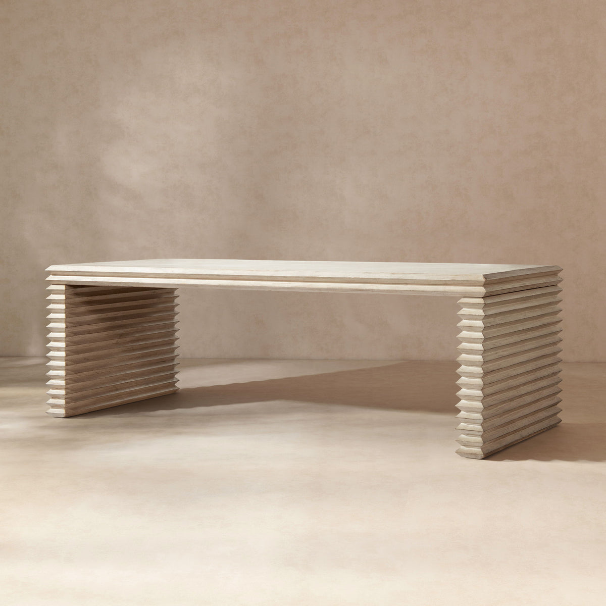 Geometric Waterfall Dining Table with Sculptural Base, white top and wood-toned layers on Tampa Home & Garden Store