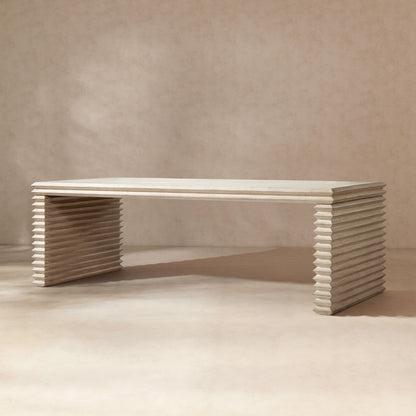 Geometric Waterfall Dining Table with Sculptural Base, white top and wood-toned layers on Tampa Home & Garden Store