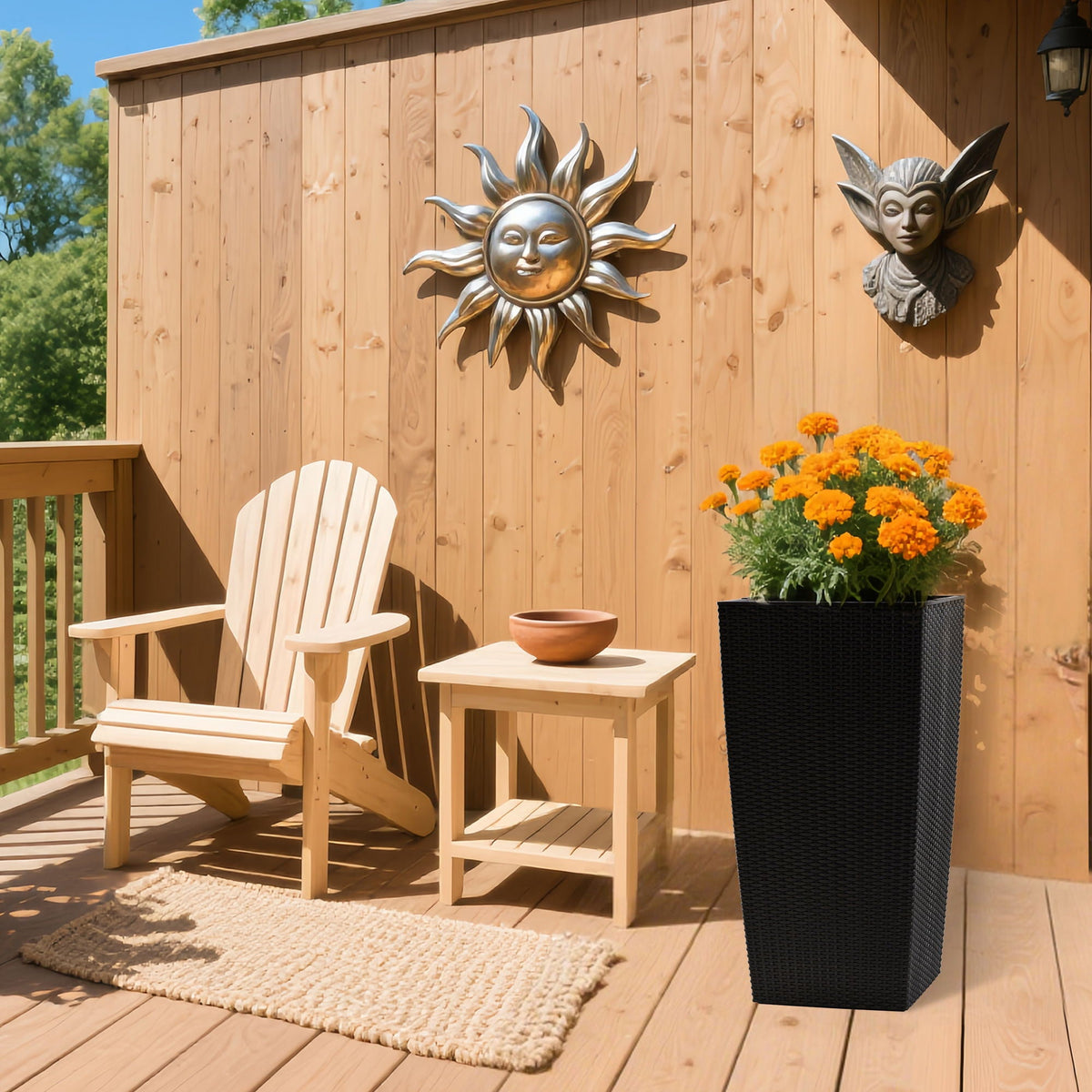 Indoor Outdoor Planter With Automatic Watering System, black wicker planter with marigolds on Tampa Home & Garden Store