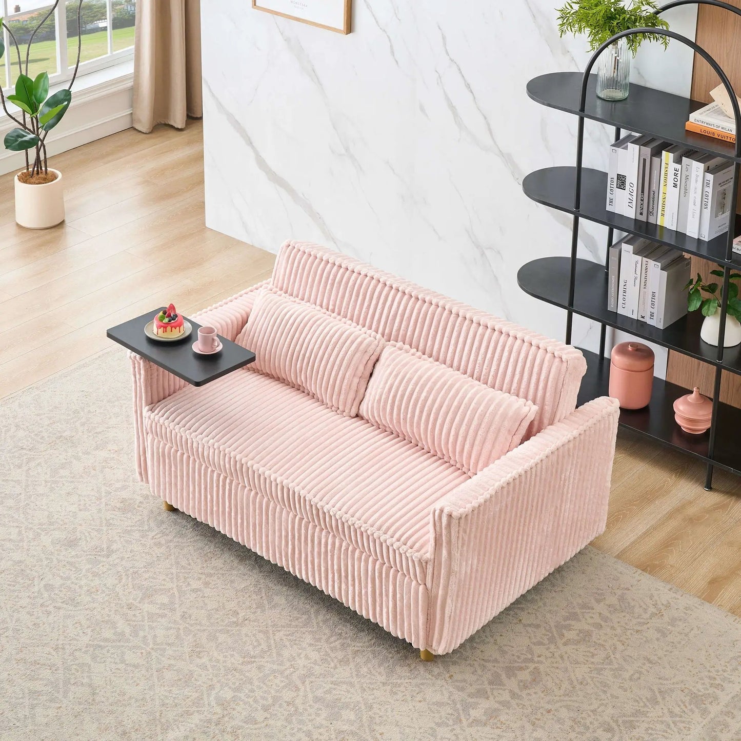 Pull Out Sofa Sleeper in pink ribbed upholstery with movable tabletop and USB ports on Tampa Home & Garden Store