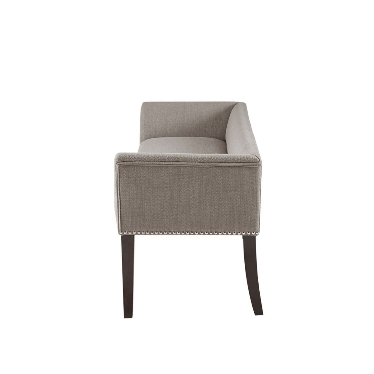 Upholstered bench with solid wood frame in taupe gray fabric, nailhead trim and dark tapered legs on Tampa Home & Garden Store