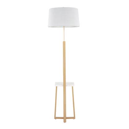Cosmo shelf floor lamp with white drum shade and brass finish on marble shelf base on Tampa Home & Garden Store