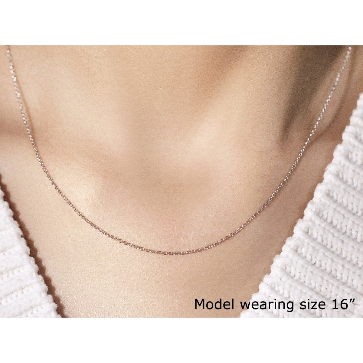 14k white gold round cable link chain necklace 1.1mm on model on Tampa Home & Garden Store
