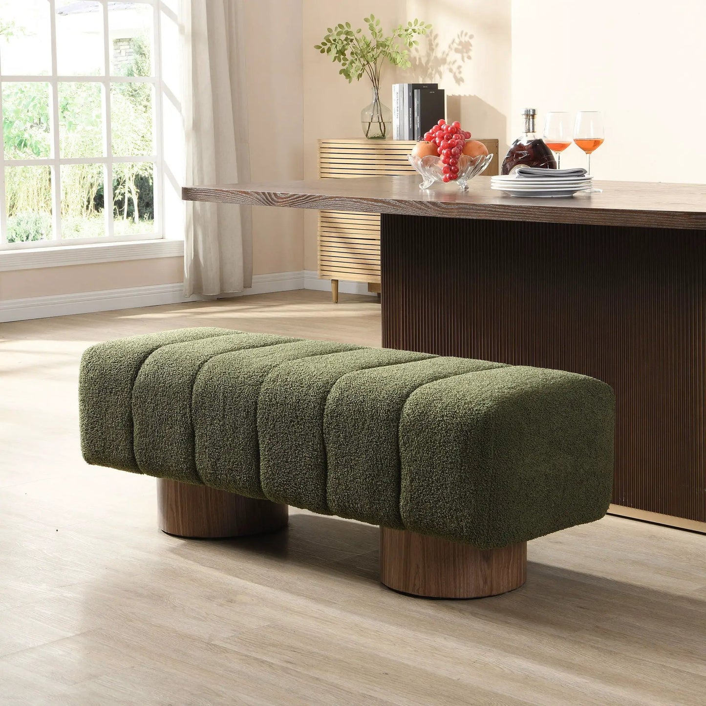 Upholstered dining bench in green fabric with dark wood base by Unique Piece Furniture on Tampa Home & Garden Store