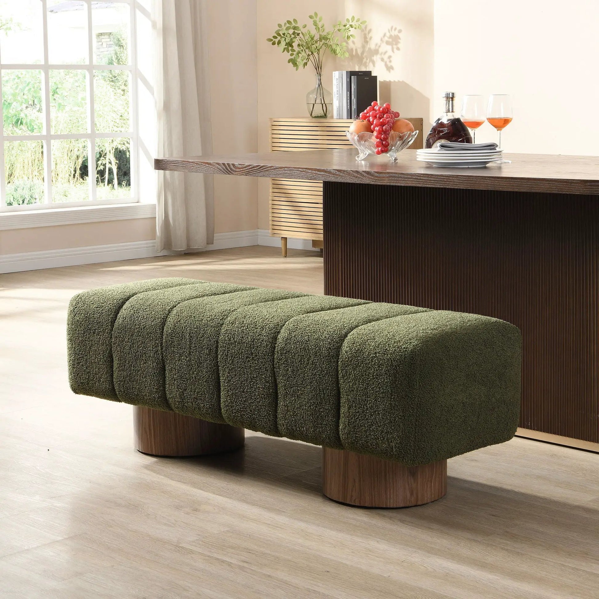 Upholstered dining bench in green fabric with dark wood base by Unique Piece Furniture on Tampa Home & Garden Store