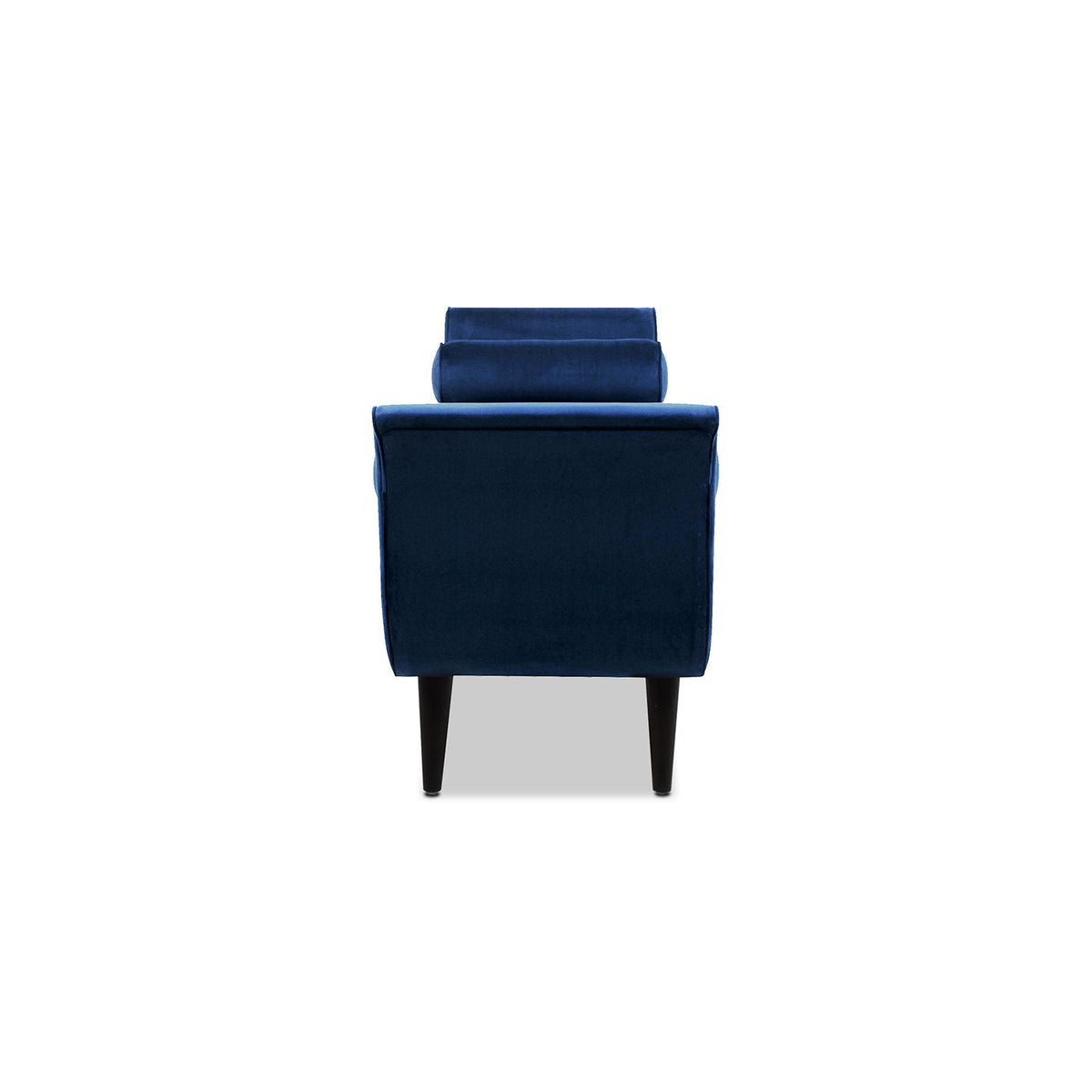 Tufted blue velvet entryway bench with flared arms and tapered legs on Tampa Home & Garden Store