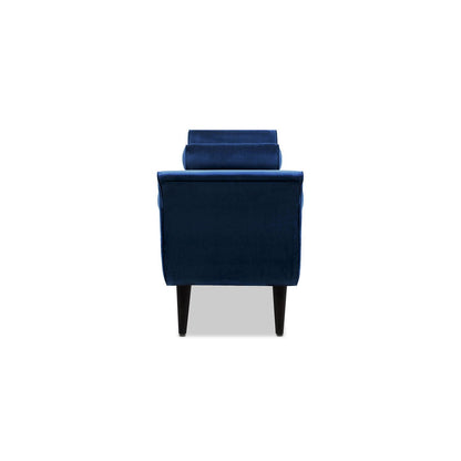 Tufted blue velvet entryway bench with flared arms and tapered legs on Tampa Home & Garden Store