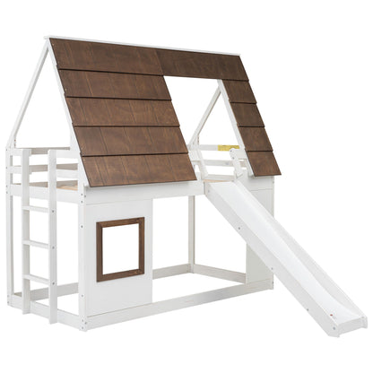 Wood twin size house bunk bed with roof and slide in white/brown by HouseOfZazla on Tampa Home & Garden Store