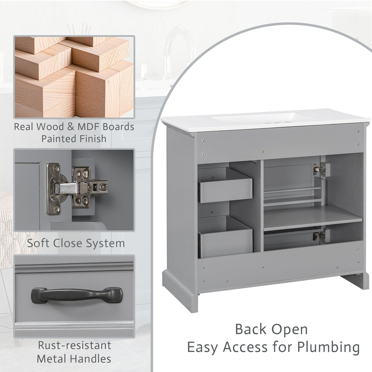 HouseOfZazla 36-inch bathroom vanity with sink in gray finish, soft-close hinges on Tampa Home & Garden Store