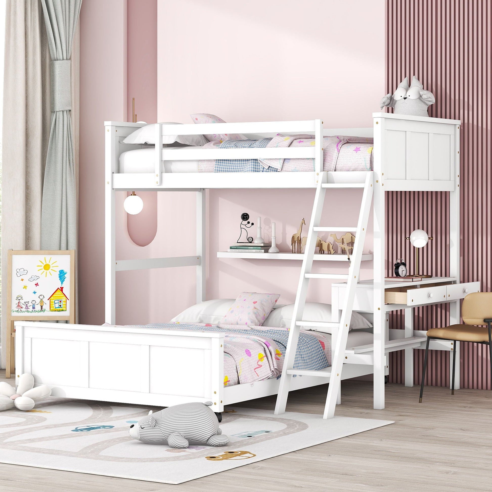 Full over full bunk bed with desk in white finish, ladder, Unique Piece Furniture on Tampa Home & Garden Store