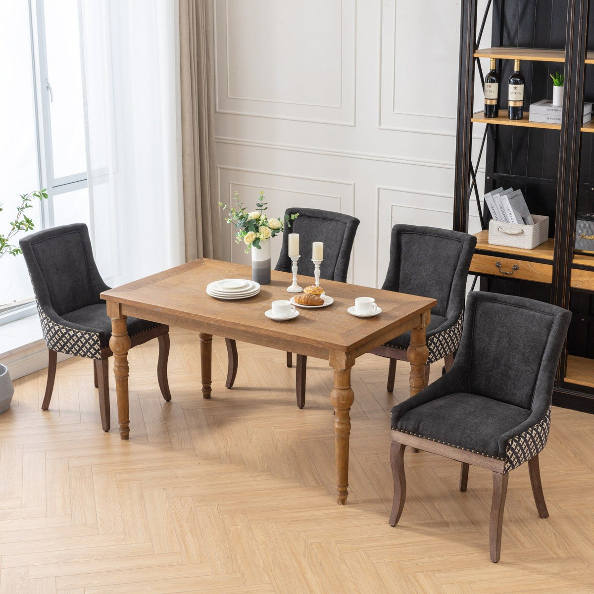 Ultra Side Dining Chair Set with Solid Wood Legs in charcoal fabric, 4 chairs around table on Tampa Home & Garden Store