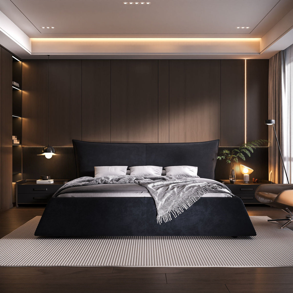 Upholstered platform bed with a curved headboard in charcoal fabric, modern dark wood bedroom by HouseOfZazla on Tampa Home & Garden Store