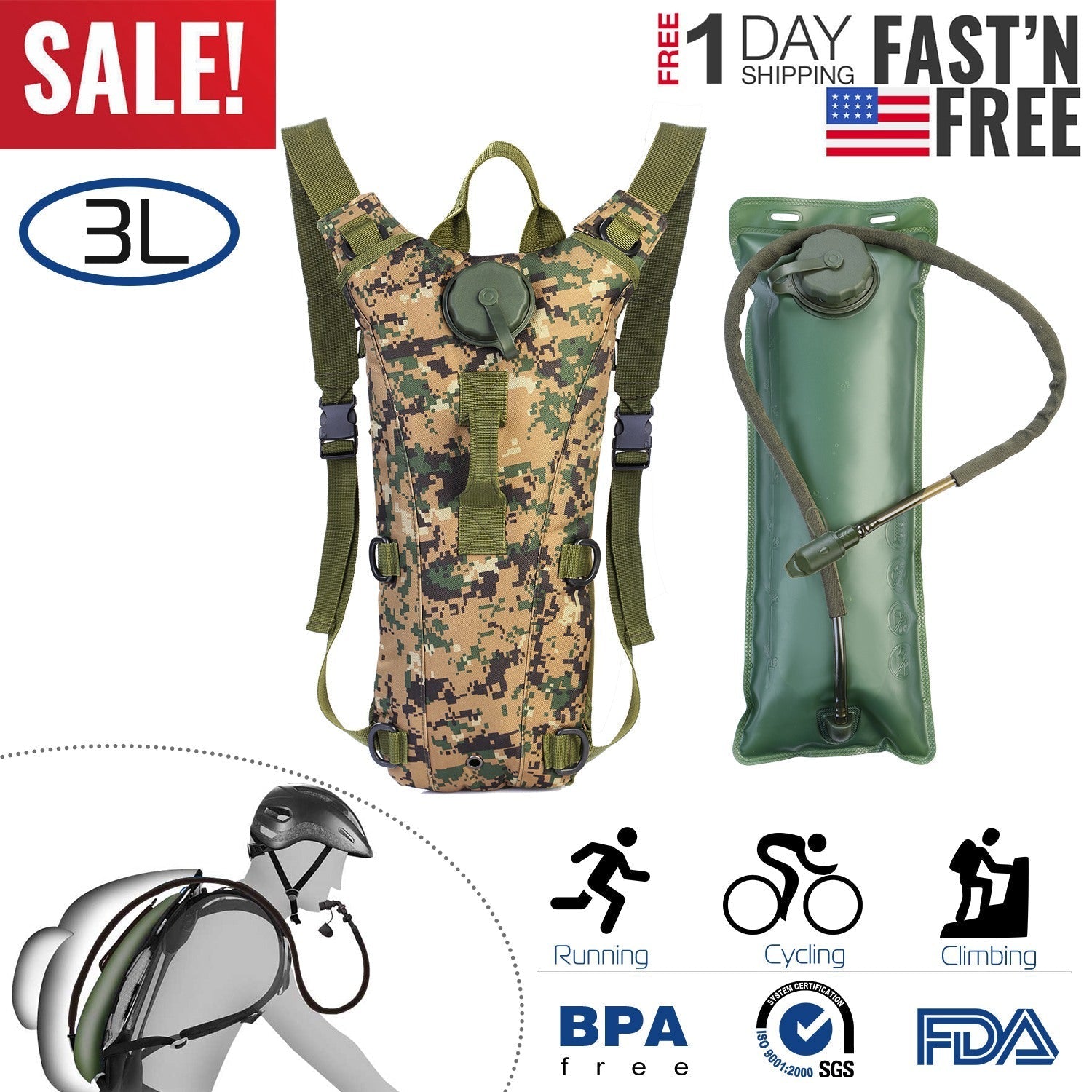 iMounTEK Tactical Hydration Pack 3L camouflage hydration backpack with adjustable straps on Tampa Home & Garden Store