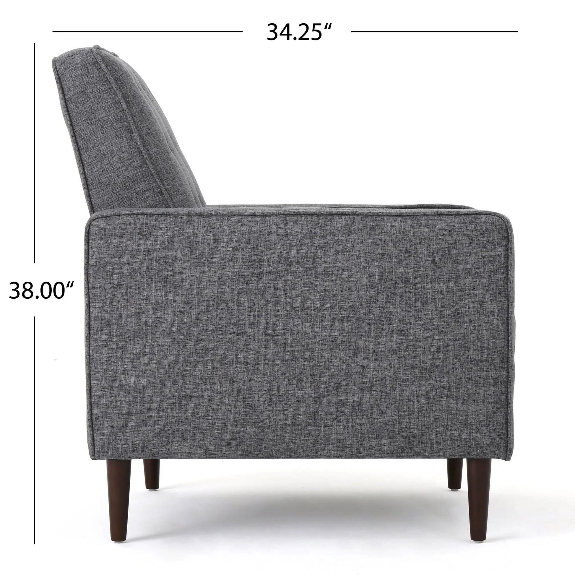 Mid-Century Modern Recliner in gray waffle-stitch fabric with button tufting and dark wood legs on Tampa Home & Garden Store