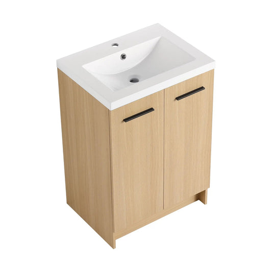 Floating bathroom vanity with sink, white top and light wood cabinet with double doors and black handles on Tampa Home & Garden Store