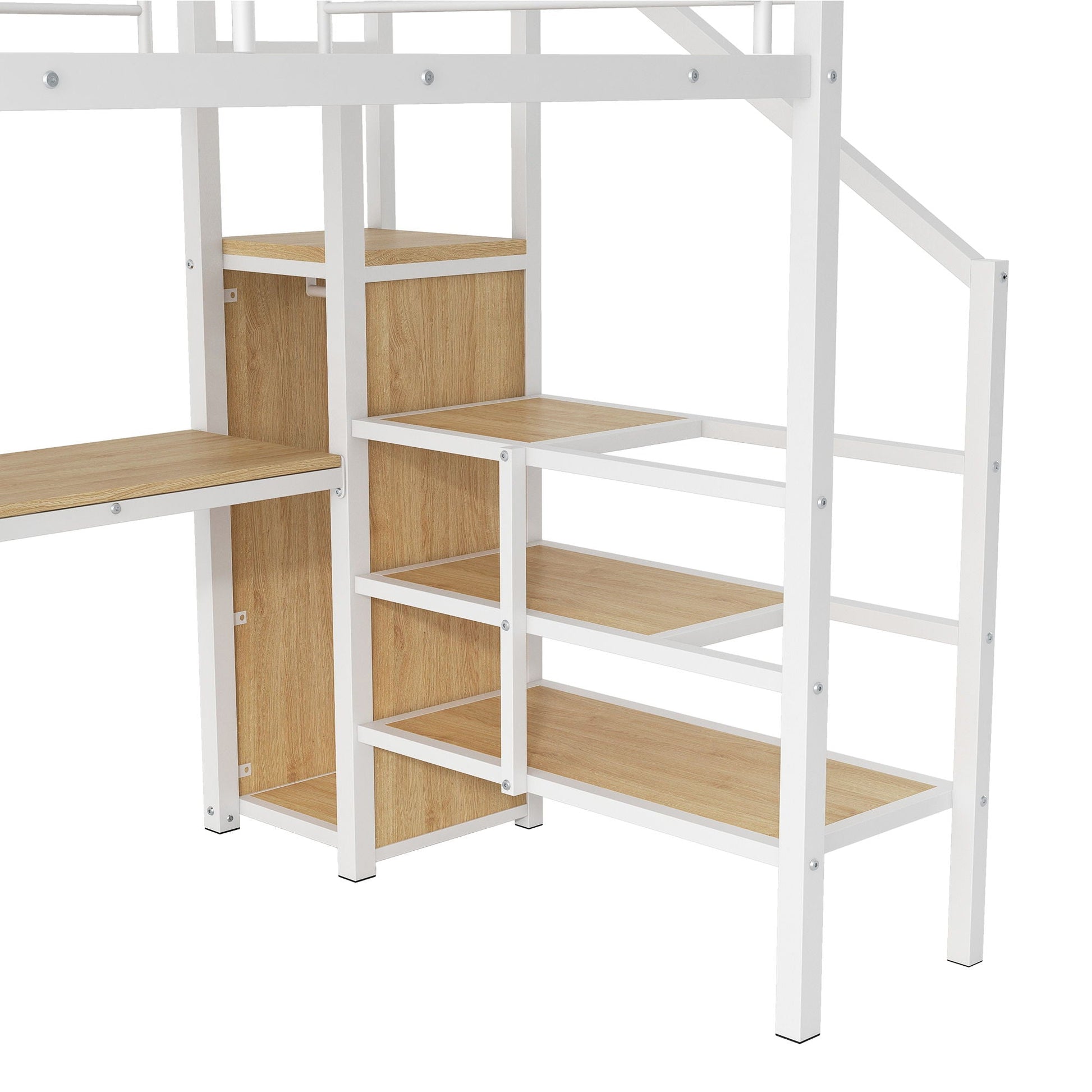 Loft bed with desk, white frame, wood panels, storage staircase and wardrobe by HouseOfZazla on Tampa Home & Garden Store