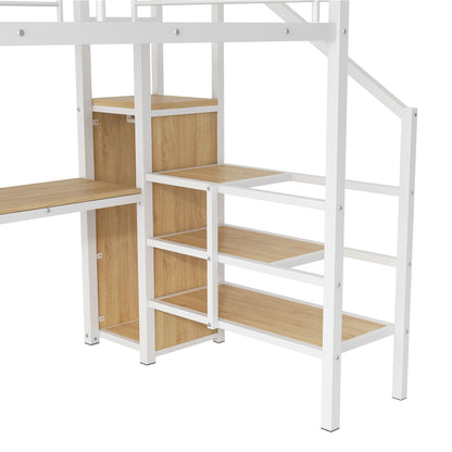 Loft bed with desk, white frame, wood panels, storage staircase and wardrobe by HouseOfZazla on Tampa Home & Garden Store