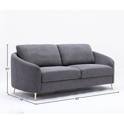 Yuina Linen Sofa in gray, stationary sofa by HouseOfZazla with rounded arms and slim gold legs on Tampa Home & Garden Store