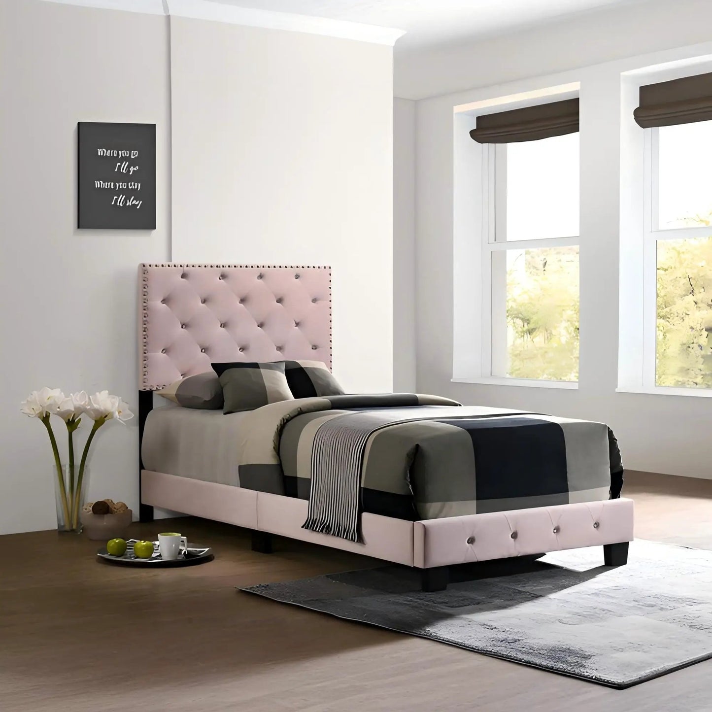 Luxurious Upholstered Bed by Unique Piece Furniture with tufted headboard and striped bedding on Tampa Home & Garden Store