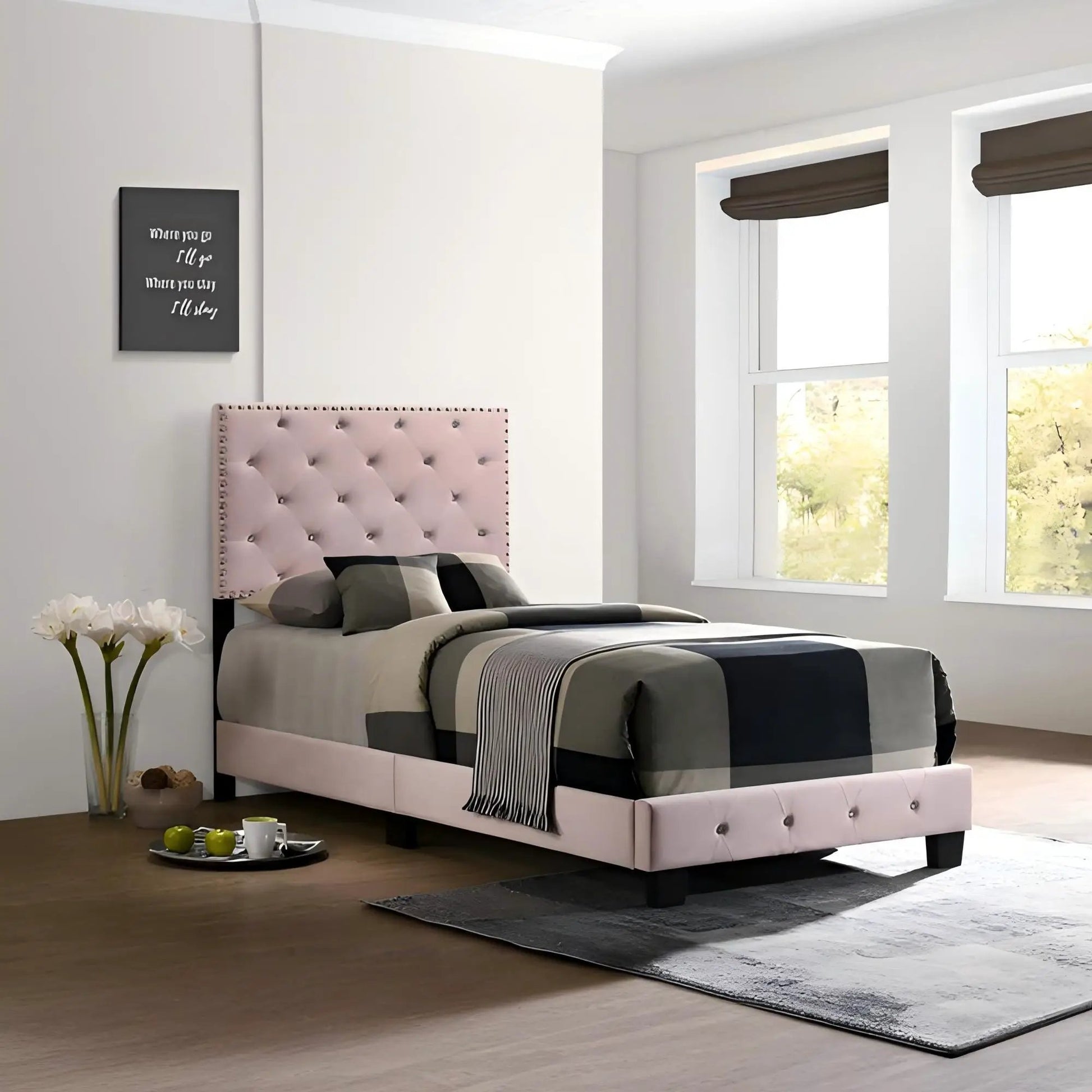 Luxurious Upholstered Bed by Unique Piece Furniture with tufted headboard and striped bedding on Tampa Home & Garden Store