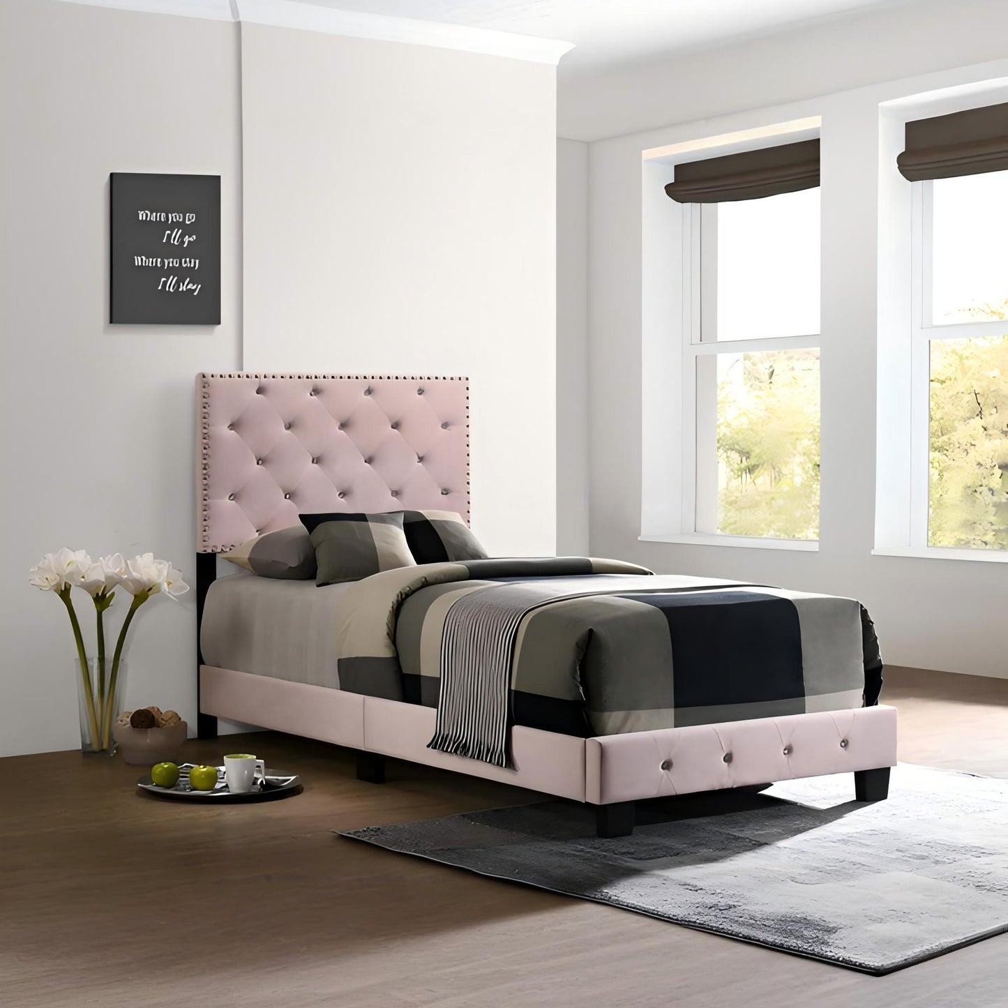 Luxurious Upholstered Bed pink tufted headboard in blush fabric by HouseOfZazla on Tampa Home & Garden Store