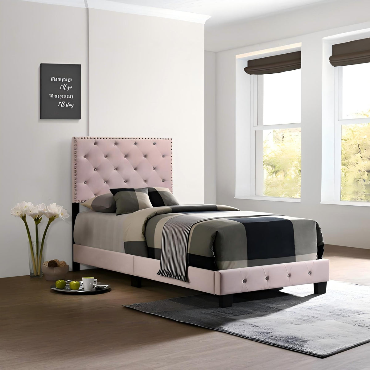 Luxurious Upholstered Bed pink tufted headboard in blush fabric by HouseOfZazla on Tampa Home & Garden Store