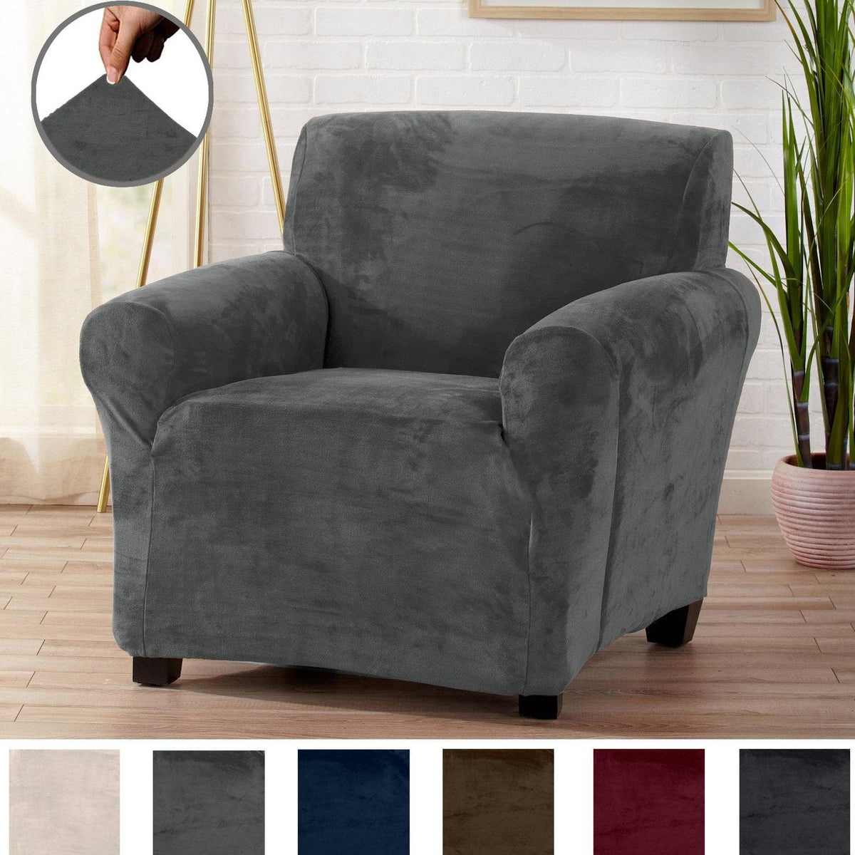 Velvet Stretch Slipcover - Gale Collection, dark gray velvet, Great Bay Home on Tampa Home & Garden Store