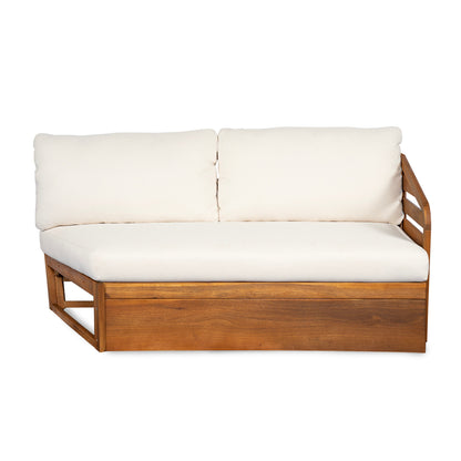 Royal Acacia Patio V Sofa Sectional with beige cushions and wooden frame outdoor furniture on Tampa Home & Garden Store