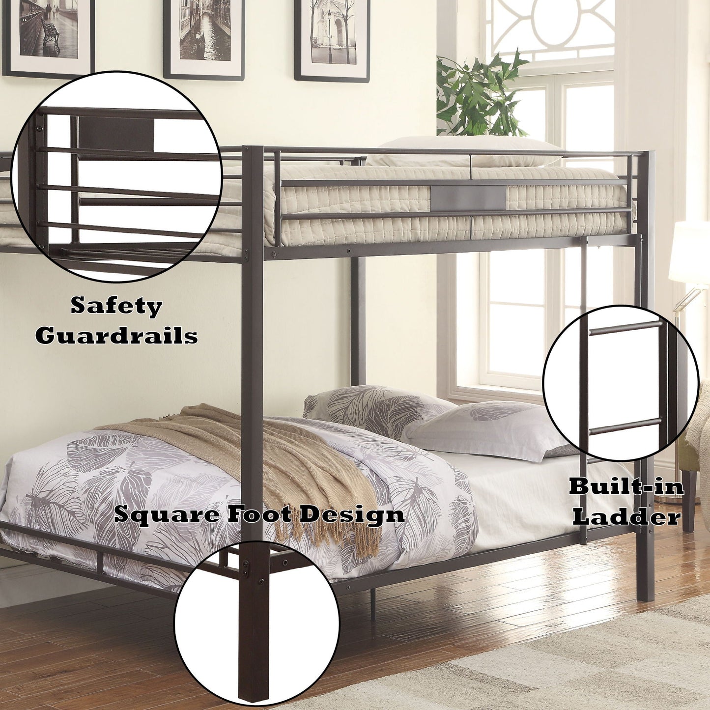 Limba Spacious Design Double Bunk Bed by HouseOfZazla; dark metal frame with ladder on Tampa Home & Garden Store