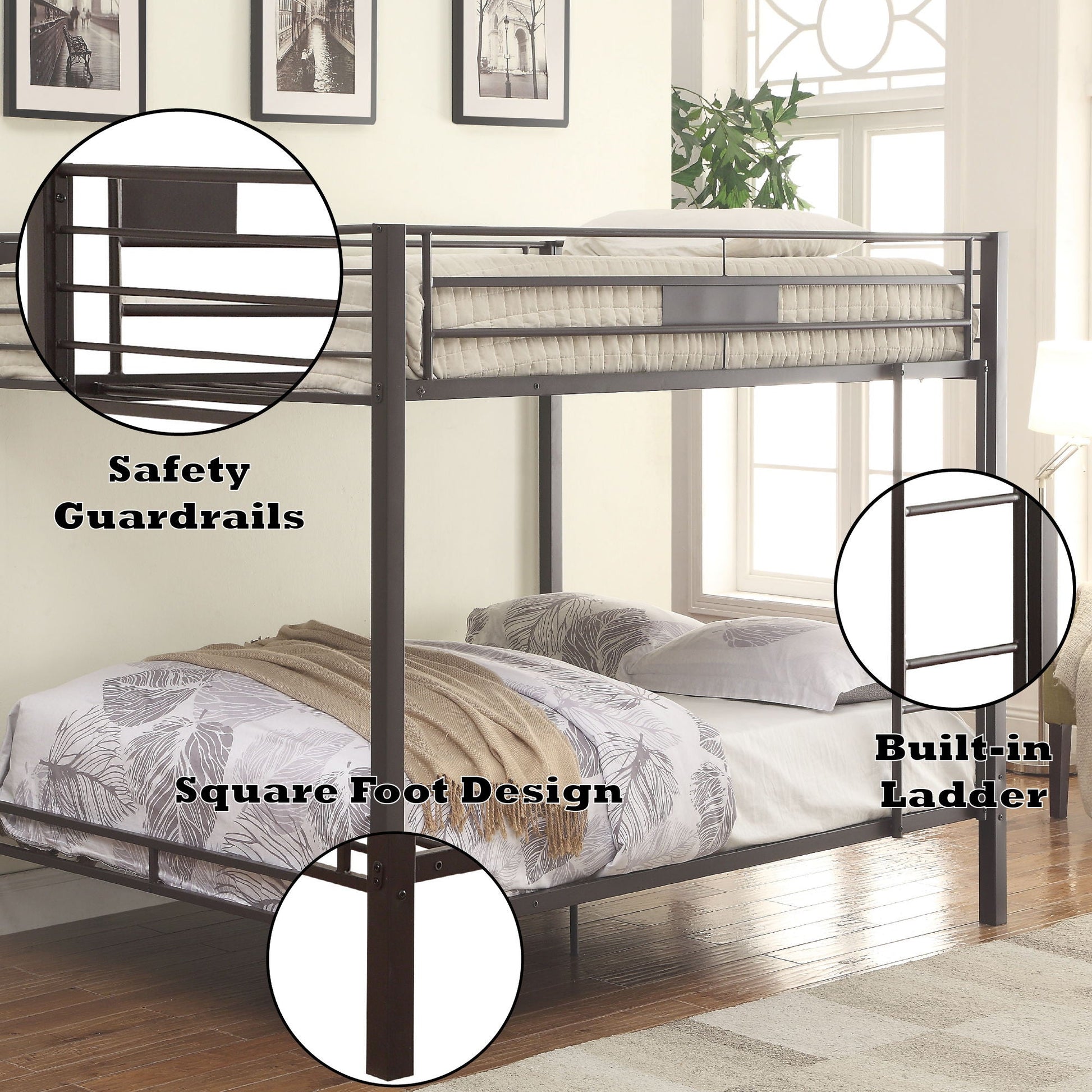 Limba Spacious Design Double Bunk Bed by HouseOfZazla; dark metal frame with ladder on Tampa Home & Garden Store