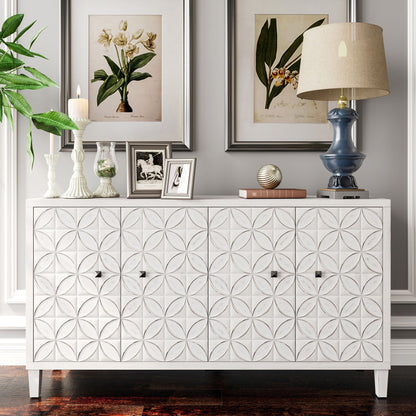 White Wash 4 Door Wooden Accent Cabinet for Home