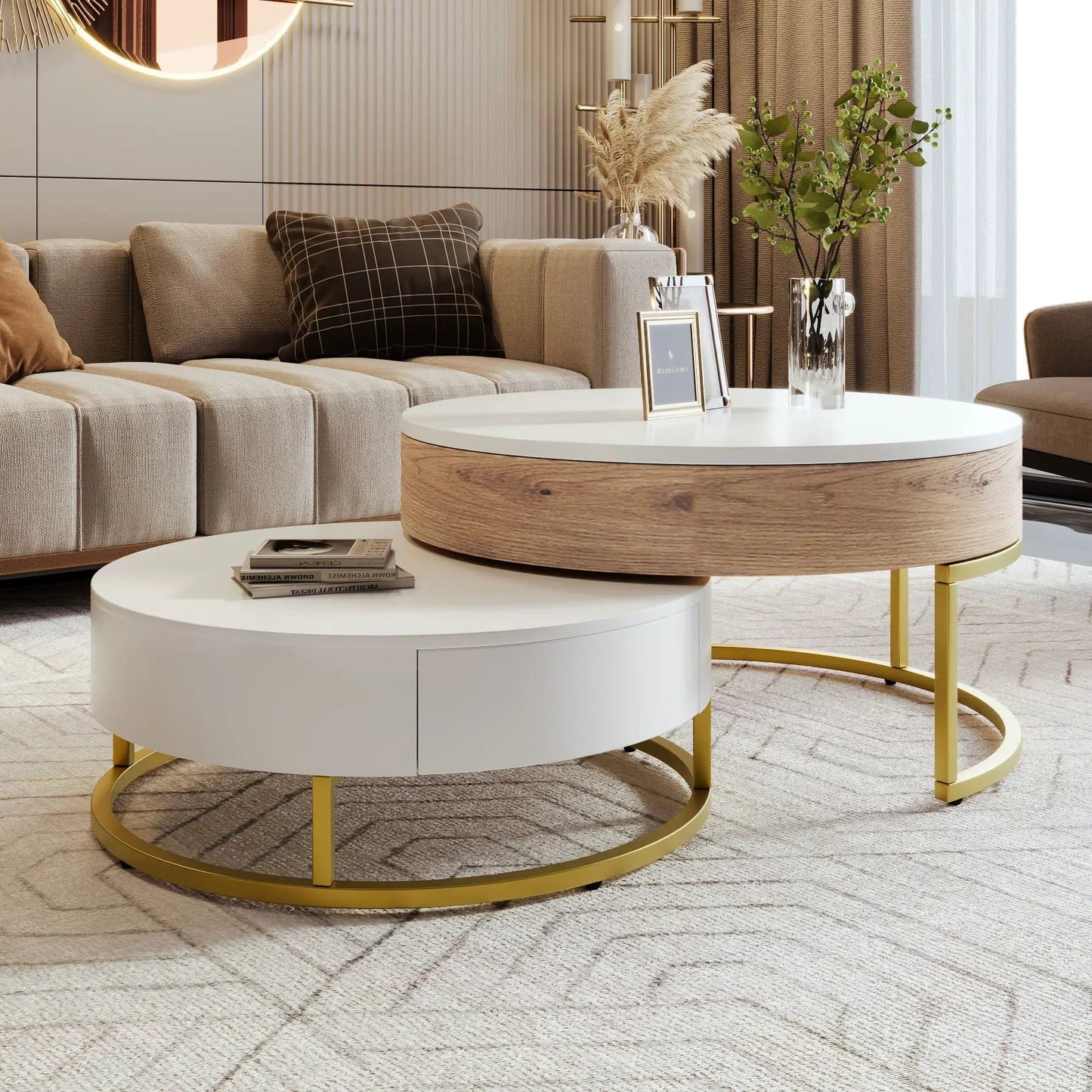 Round Lift-Top Nesting Coffee Tables with Drawers