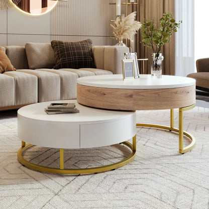 Round Lift-Top Nesting Coffee Tables with Drawers