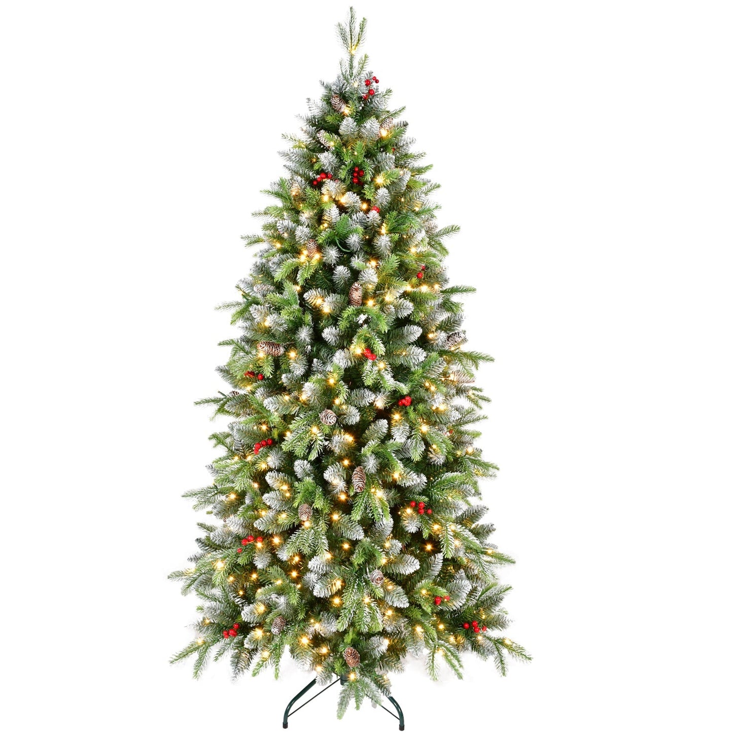 6ft pre-lit Christmas tree with 380 warm white LEDs, frosted tips and red berries on Tampa Home & Garden Store