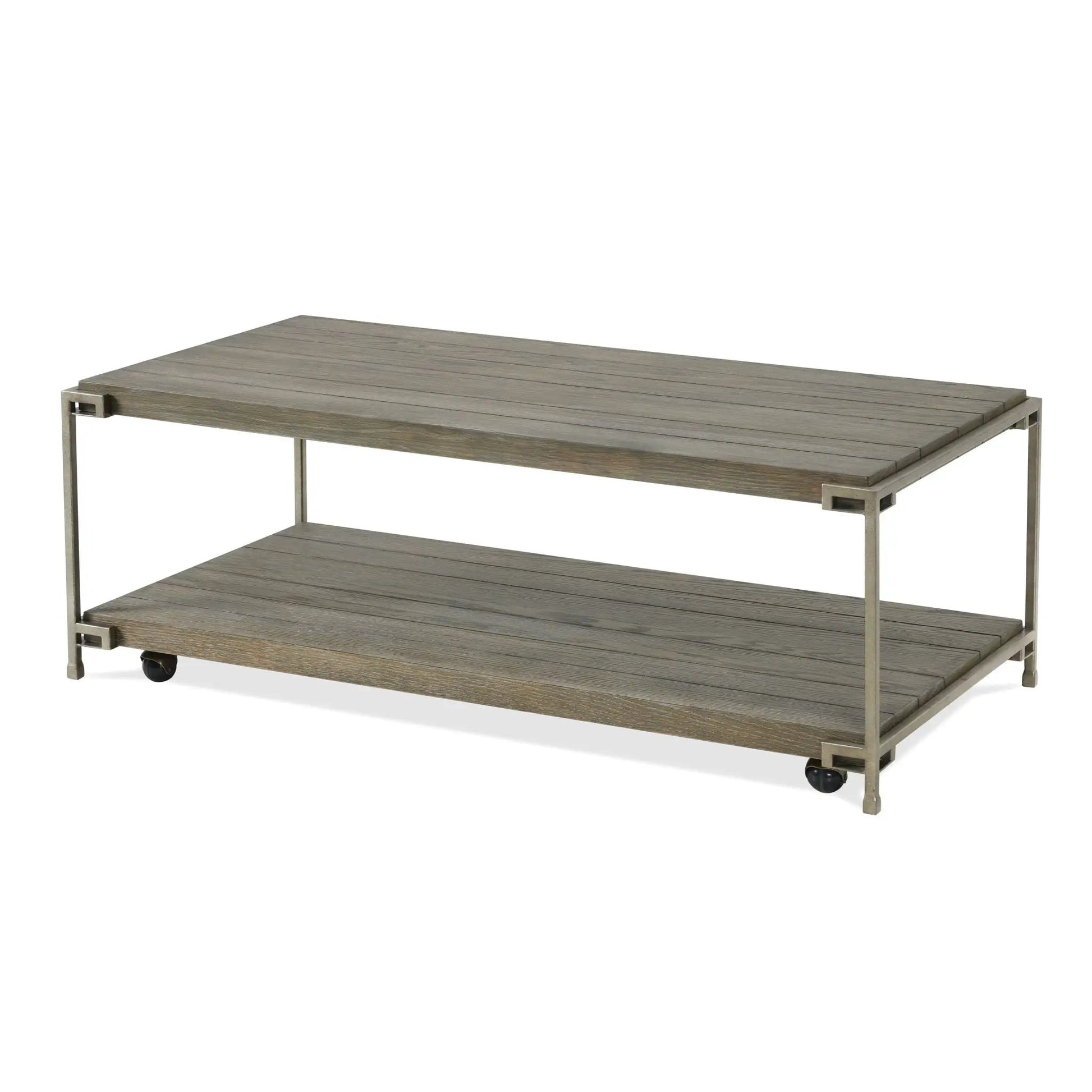 Corbeta 3-piece metal frame wood coffee table with two chairside tables in aged graphite brown finish on Tampa Home & Garden Store