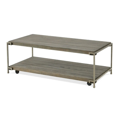 Corbeta 3-piece metal frame wood coffee table with two chairside tables in aged graphite brown finish on Tampa Home & Garden Store