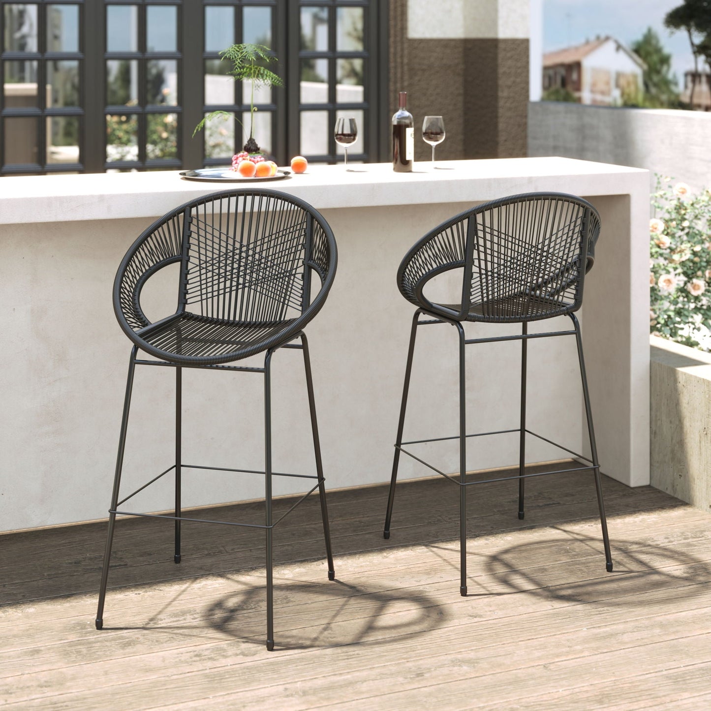 Ferrara Outdoor Patio Barstool set of 2 black metal wire with round seats and slender legs on Tampa Home & Garden Store