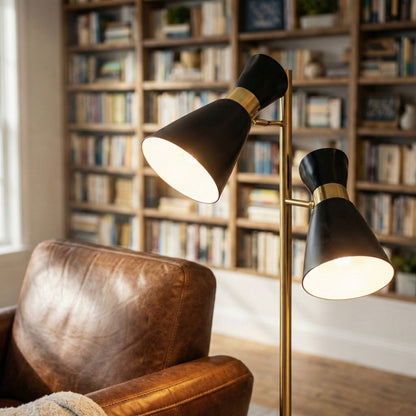 Axis Floor Lamp with black shades and brass finish, dual adjustable spot heads on gold base on Tampa Home & Garden Store