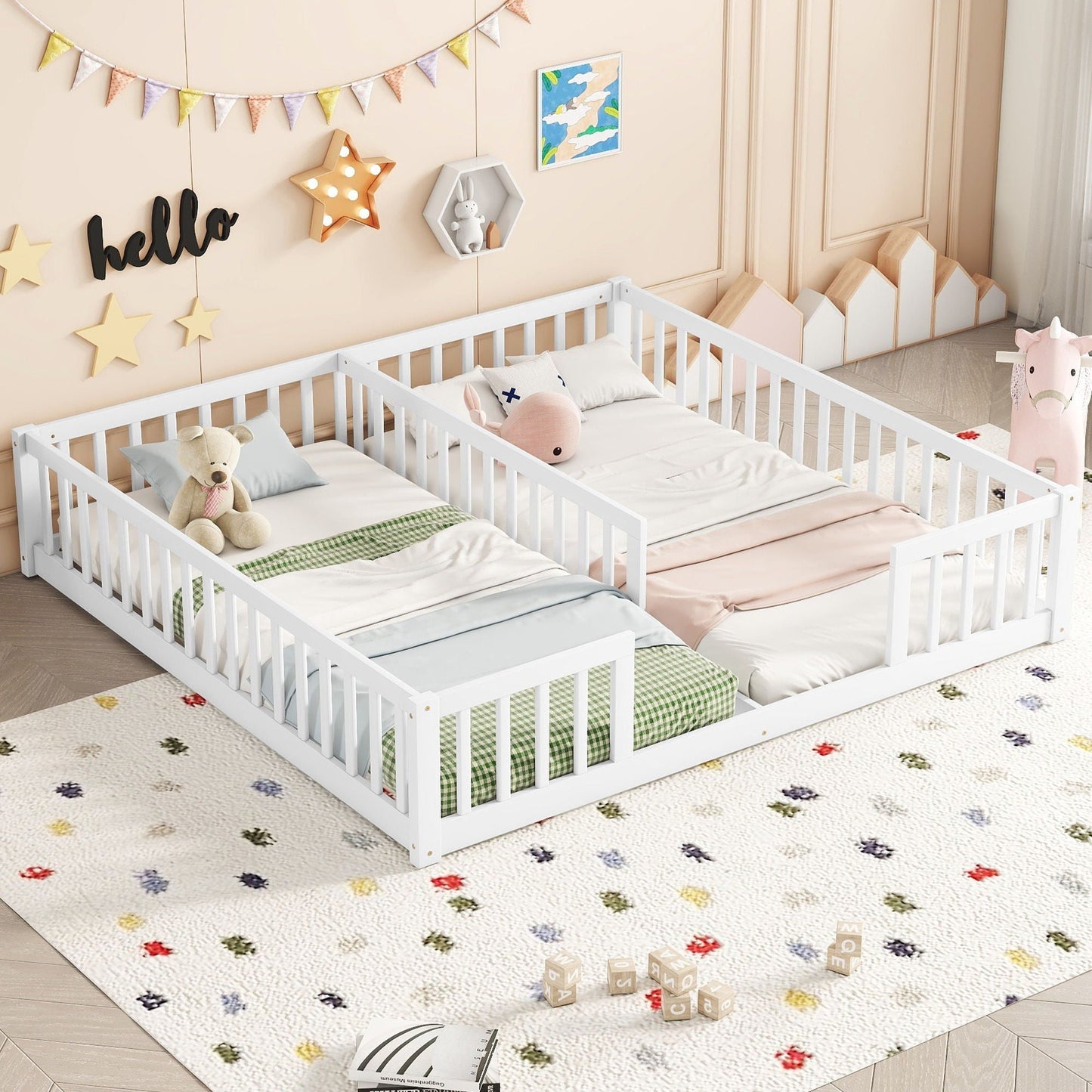 Solid Double Floor Bed With Guardrails and Fence