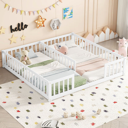 Solid Double Floor Bed With Guardrails and Fence