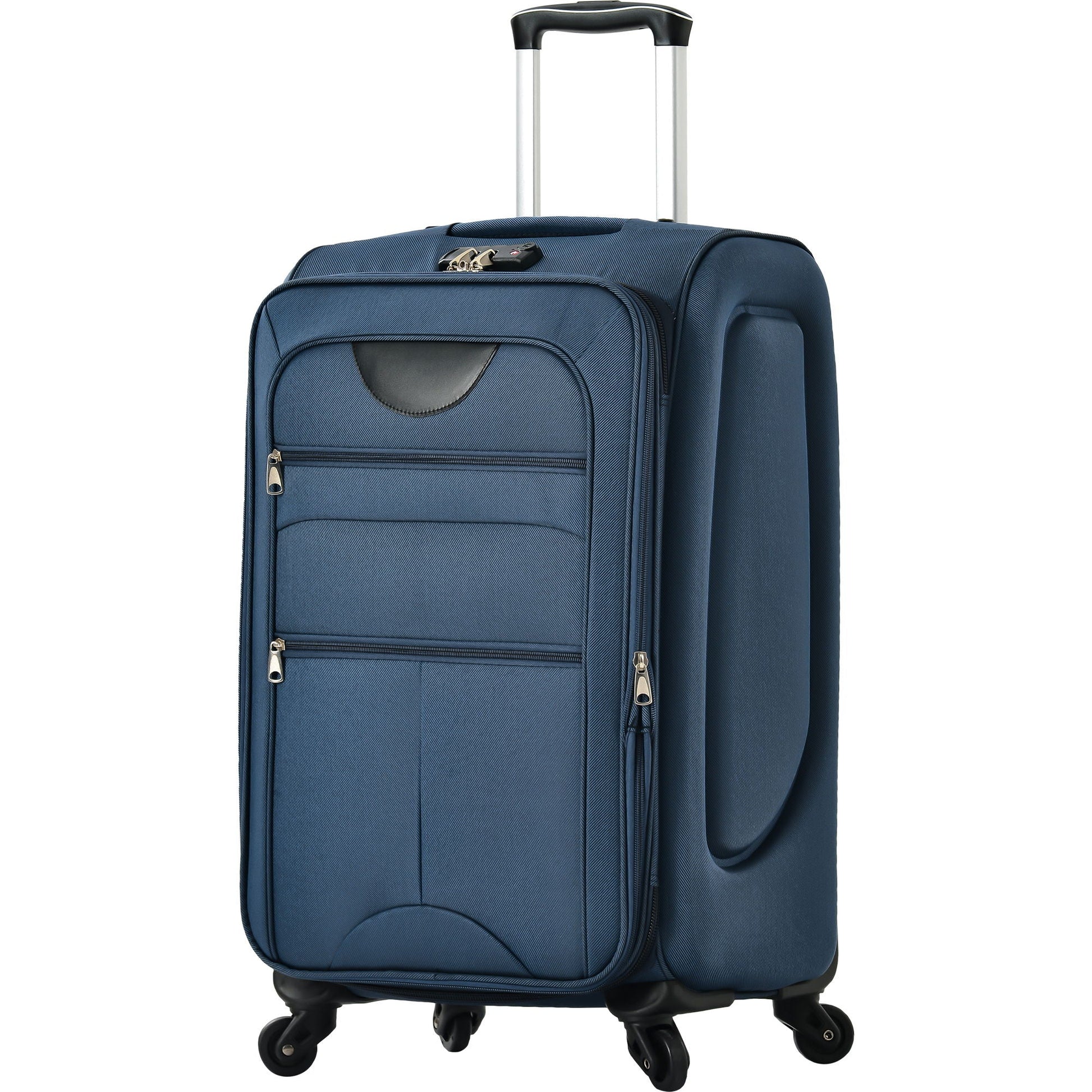 Softside luggage upright in dark blue with extendable handle, front pocket and spinner wheels on Tampa Home & Garden Store