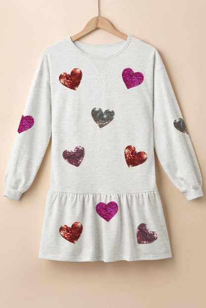 Cute Heart Round-Neck Long Sleeve Mini Dress in light gray with sequined hearts on Tampa Home & Garden Store