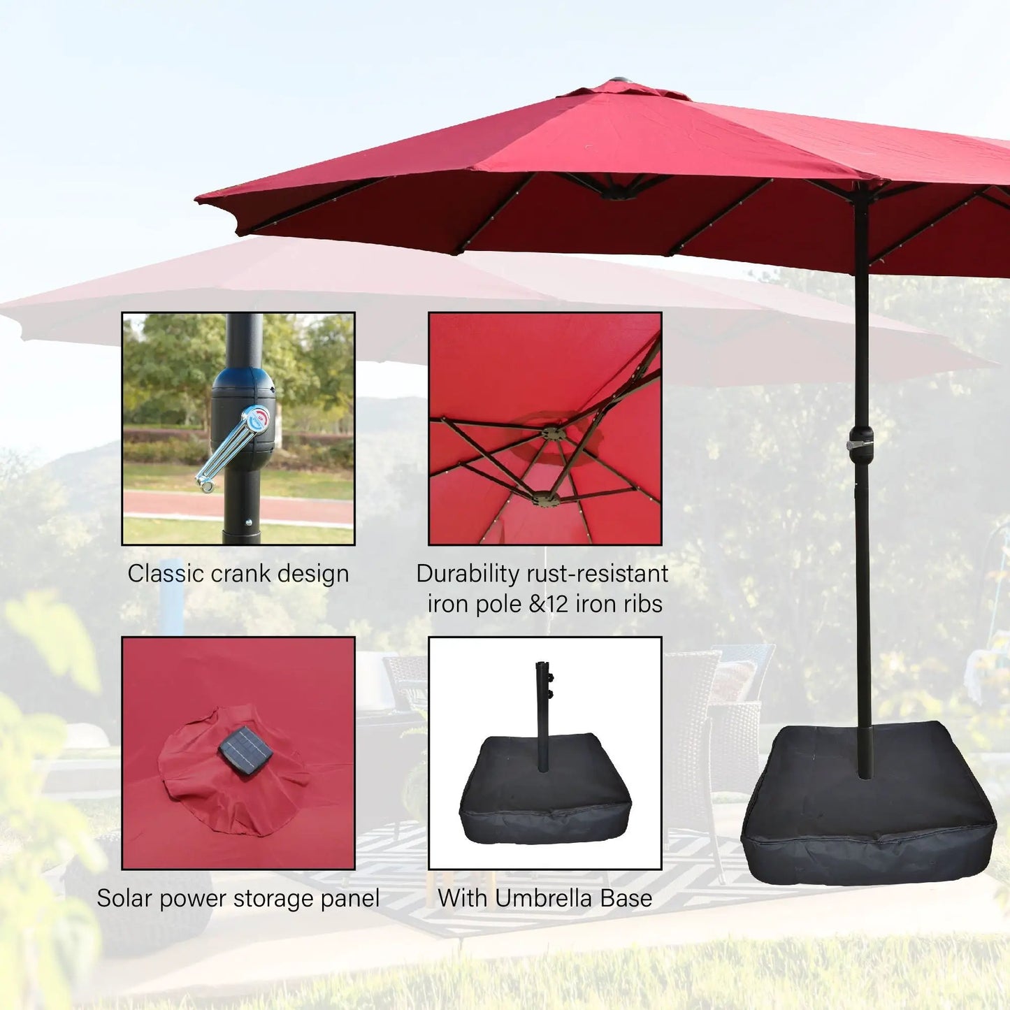 Double-Sided Outdoor Market Umbrella with Lights by Unique Piece Furniture, red canopy and iron pole base on Tampa Home & Garden Store