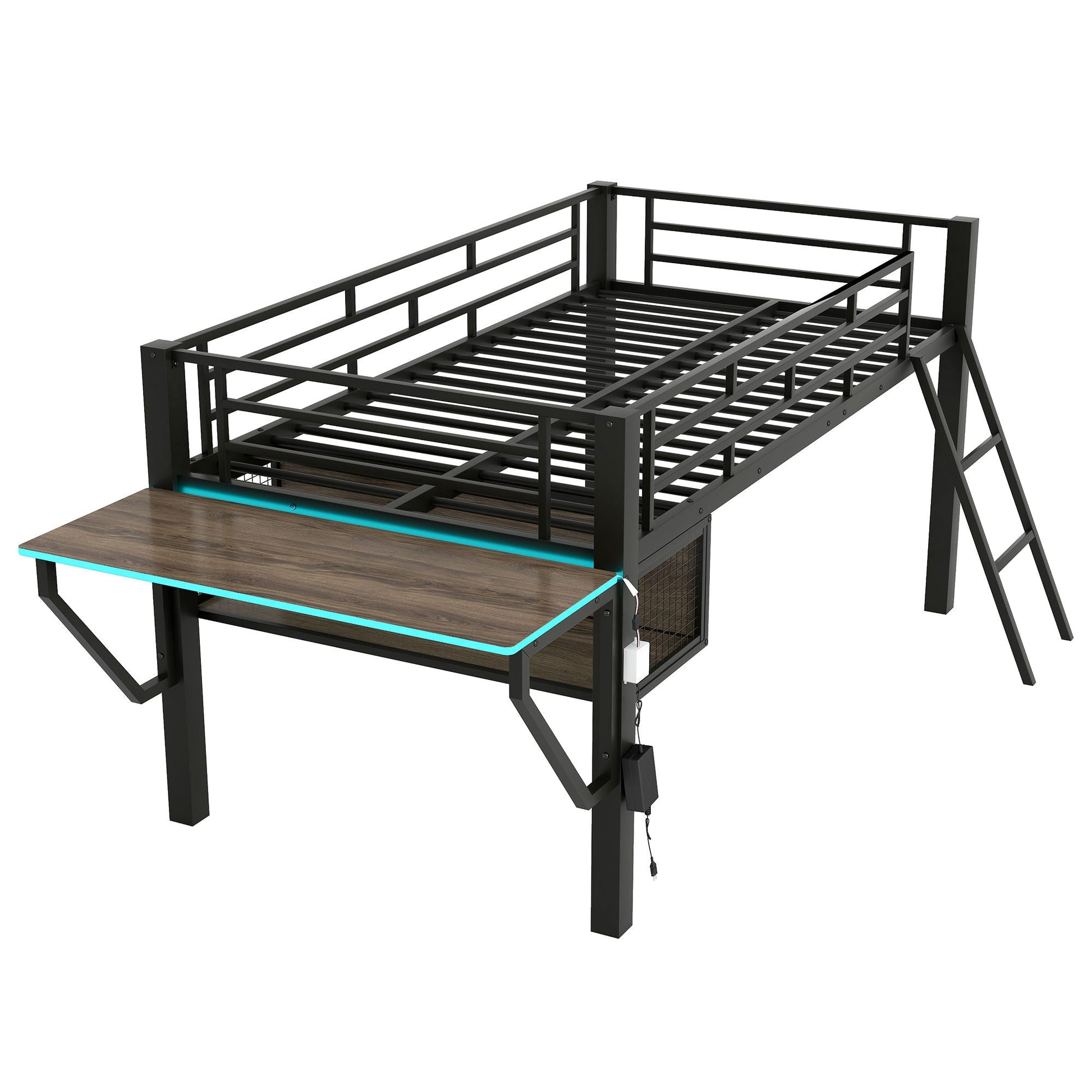 Twin Loft Bed With Desk And LED by HouseOfZazla, black metal frame with teal LED edge on Tampa Home & Garden Store