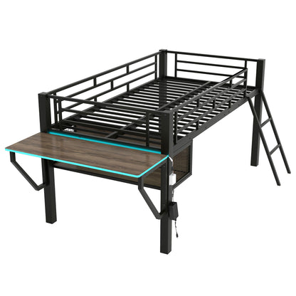 Twin Loft Bed With Desk And LED by HouseOfZazla, black metal frame with teal LED edge on Tampa Home & Garden Store