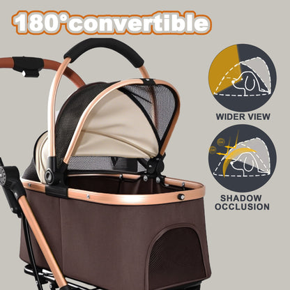 HouseOfZazla pet stroller in brown fabric with rose-gold frame and black handle on Tampa Home & Garden Store